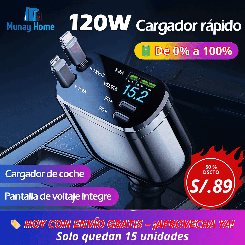 🚗✨ Cargador de Coche Retráctil 4 en 1 – 120W Súper Rápido + Luz de Cielo Estrellado
